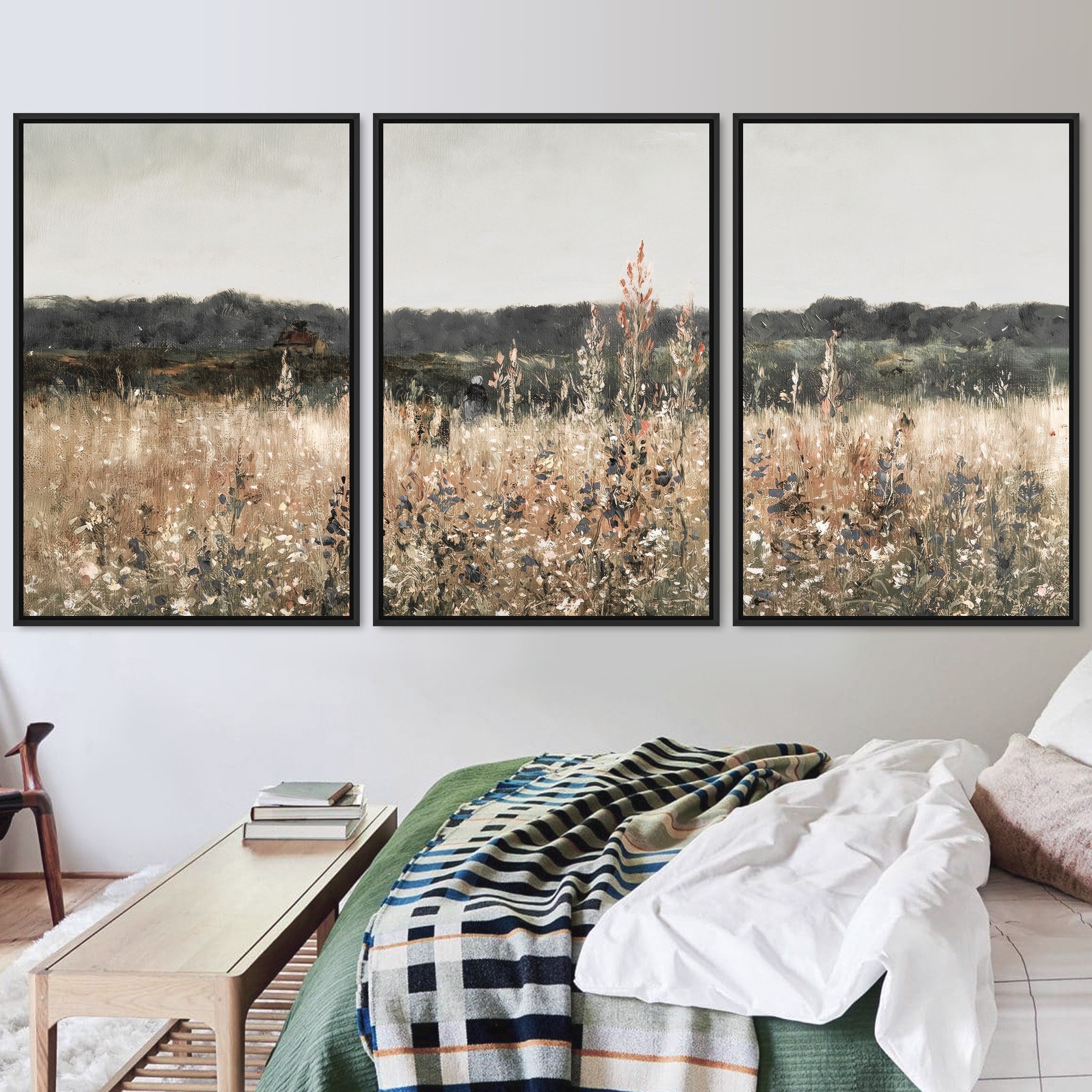 3 Piece Canvas Wall Art Set Landscape Wall Art Wildflower Field Oil Painting Large Wall Art Print Landscape Wall Decor Vintage Art Etsy