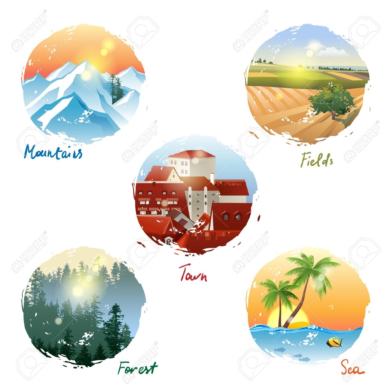 5 Different Landscape Types Mountains Fields Town Forest And Sea Royalty Free SVG Cliparts Vectors And Stock Illustration Image 21636951 