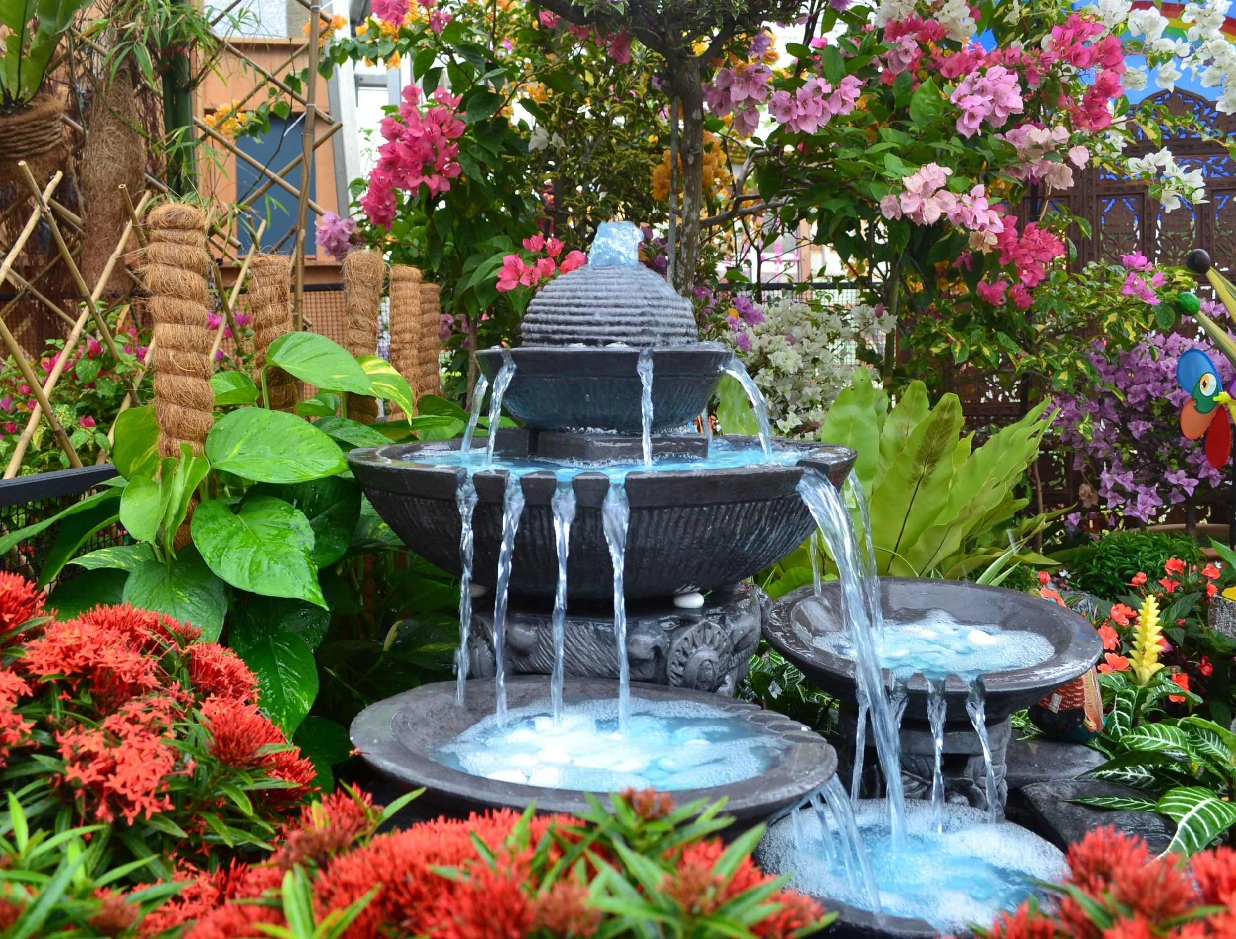 landscaping with fountains in a garden