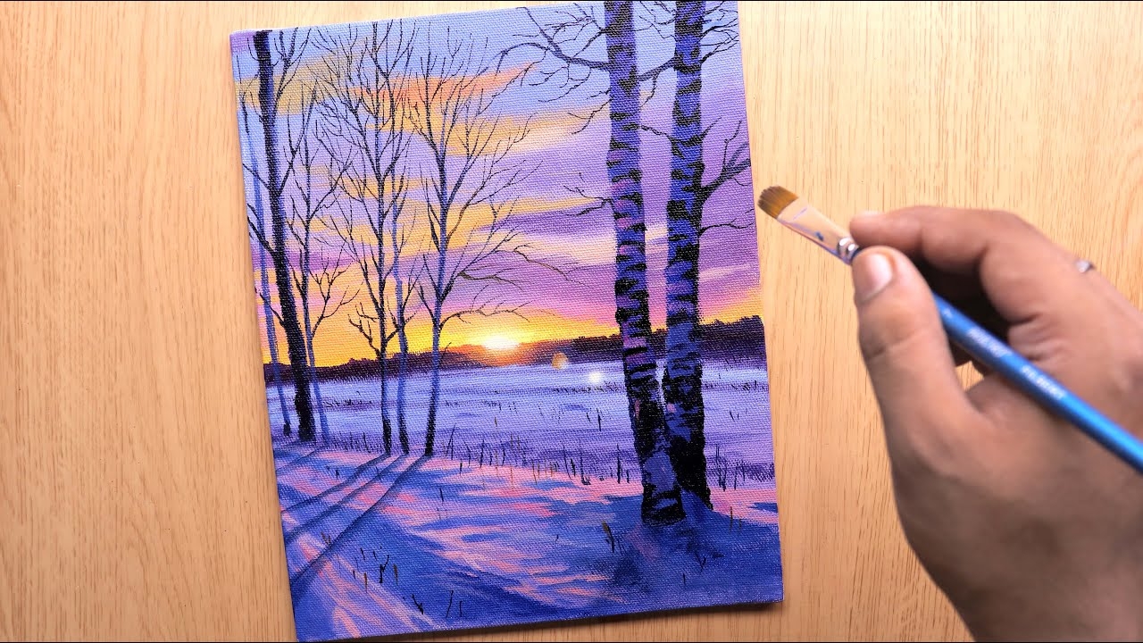 Acrylic Painting Idea Landscape Painting Of Sunset And Winter Snow YouTube