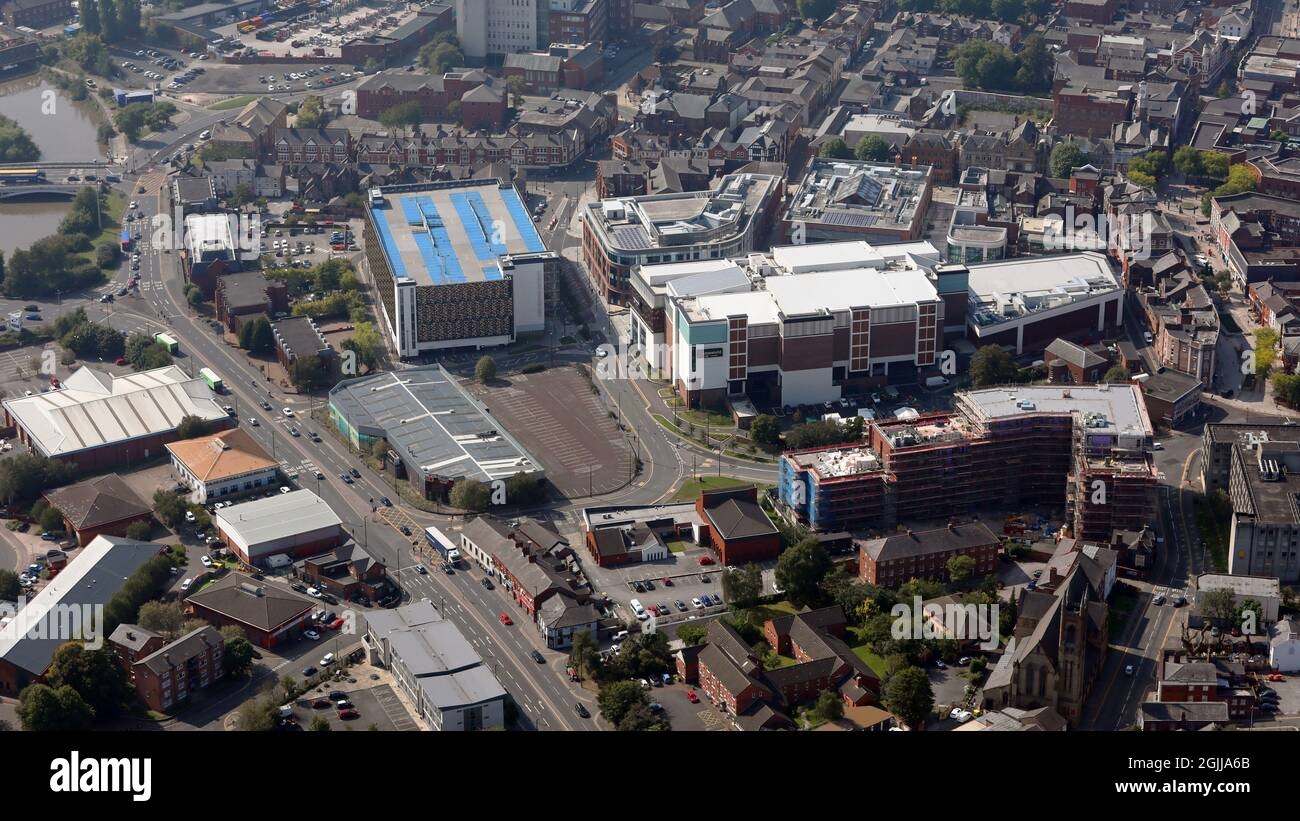 Aerial View Of Warrington Town Centre Skyline Including The Time Square Development Multi Storey Car Park Stock Photo Alamy