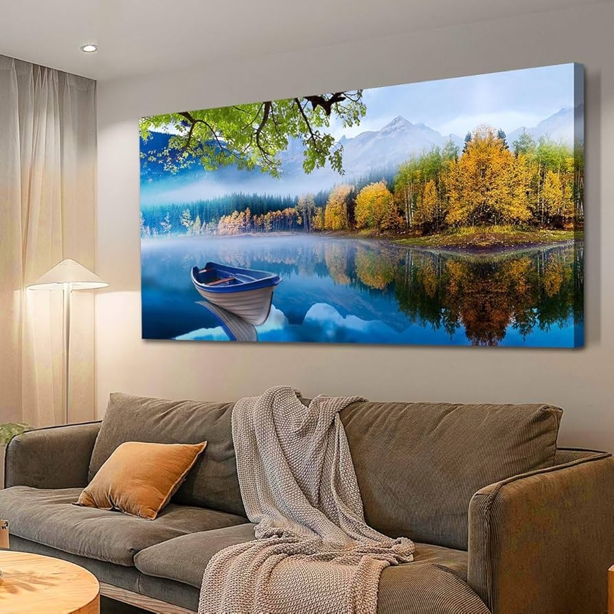 Amazon Arjun Lake Canvas Wall Art Blue Mountain Sky Nature Landscape Picture Boat Artwork Modern Scenic Painting Framed Large For Living Room Bedroom Bathroom Dinning Room Home Office Wall Decor 40 x20 Posters