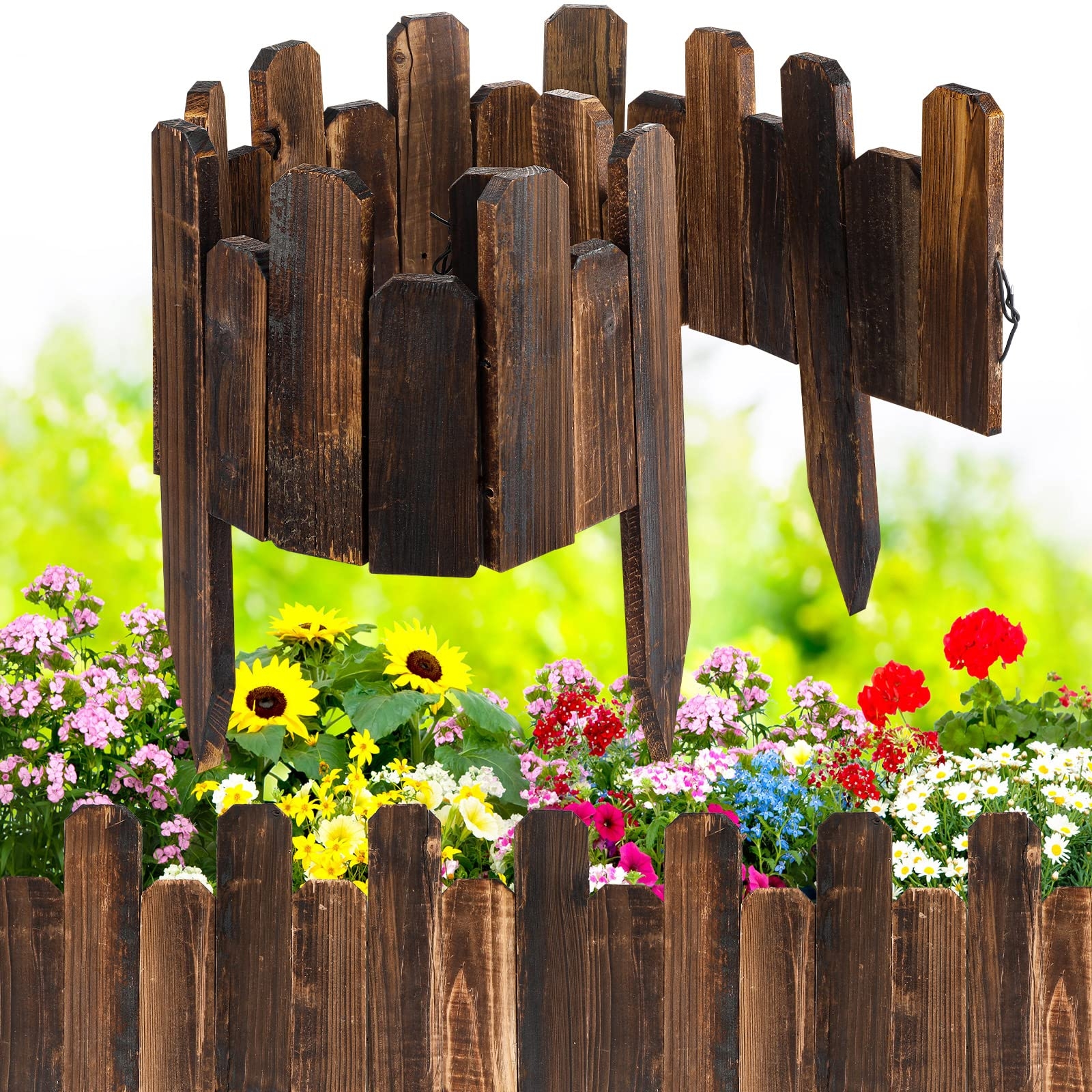 Amazon Bucherry 1 Pc Staggered Wood Garden Edging Border Short Picket Fence Burnt Wood Finish Outdoor Landscape Flower Bed Decorative Borders With Gloves For Spring Garden Lawn Yard 7 9 X 47 Inches 