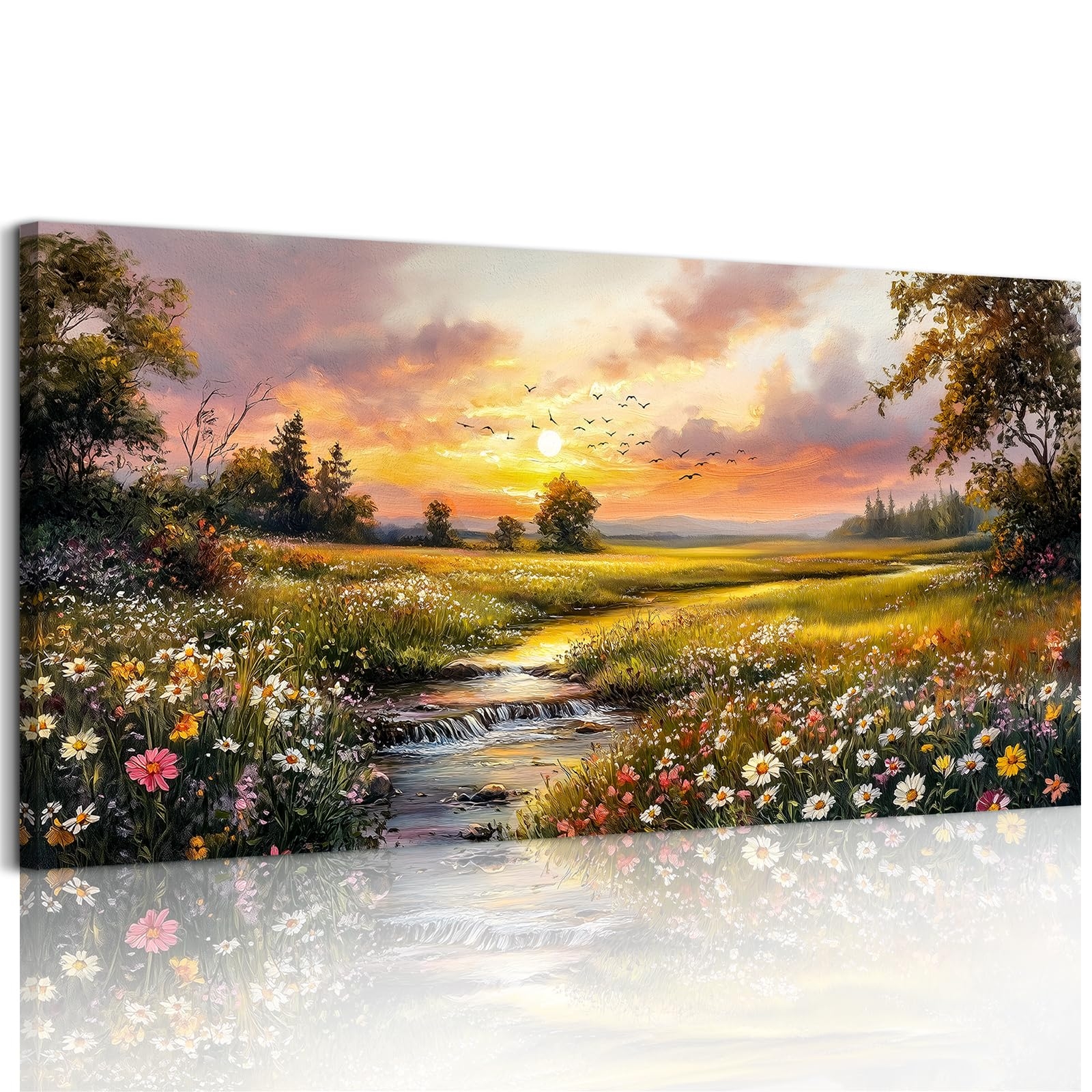 Amazon Crmotu Nature Sunset Wall Art Pastoral Extra Large Landscape Painting River Meadow Wildflower Canvas Prints Rustic Wall Pictures For Living Room Dining Room Farmhouse Decor Ready To Hang 30X60 In Posters