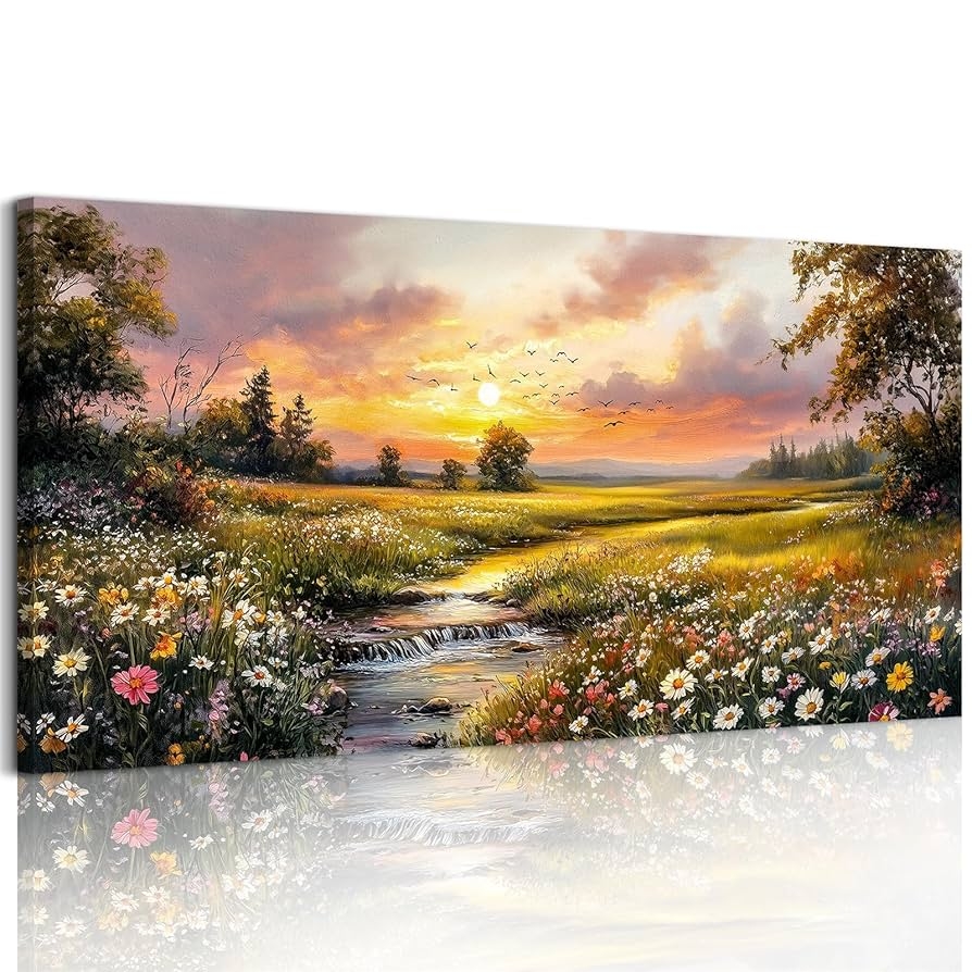 Amazon Crmotu Nature Sunset Wall Art Pastoral Extra Large Landscape Painting River Meadow Wildflower Canvas Prints Rustic Wall Pictures For Living Room Dining Room Farmhouse Decor Ready To Hang 30X60 In Posters