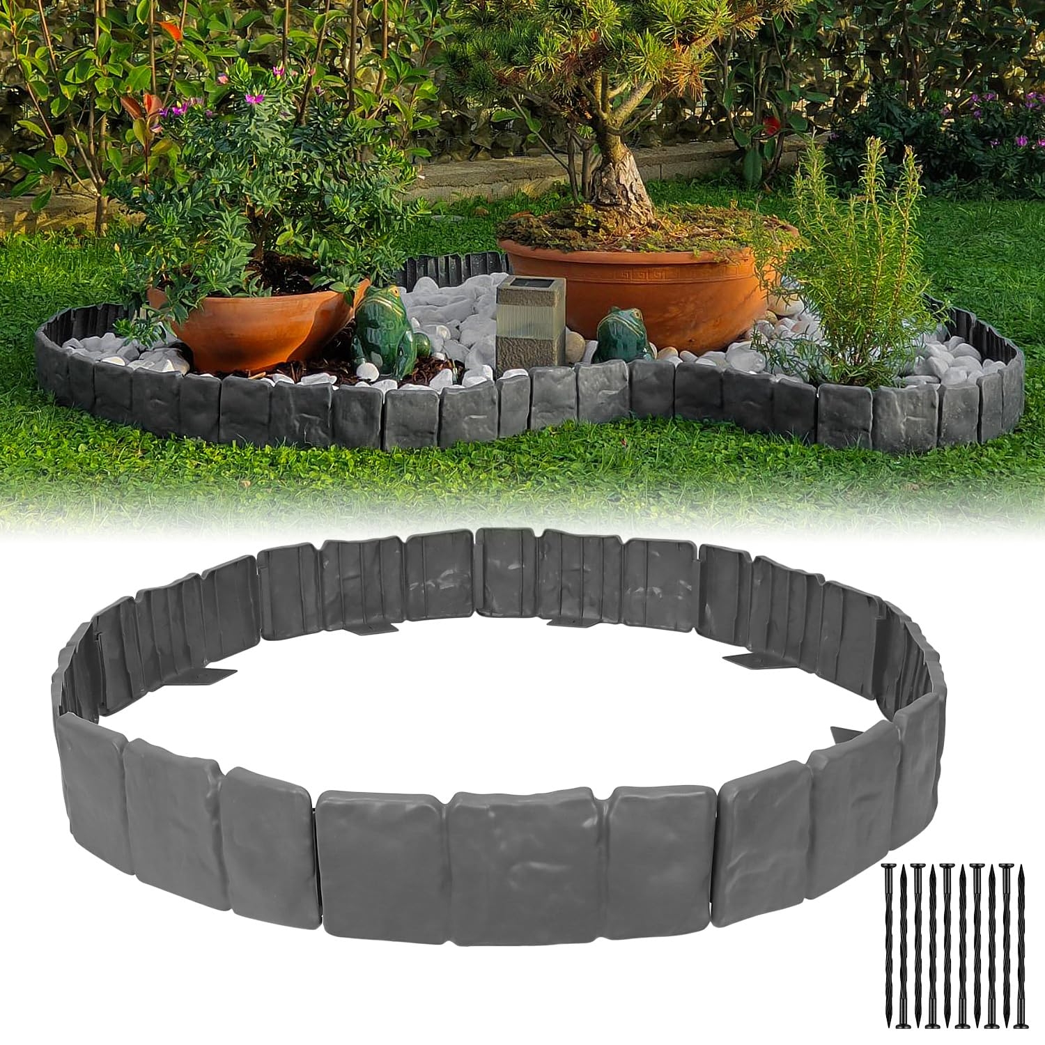 Amazon Garden Edging Border NO DIG With Landscape Edging Anchoring Spikes Gray Stone Effect Plastic Lawn Edging Fencing Interlocking Yard Lawn Edging For Flower Bed 16 Ft 20Pcs 