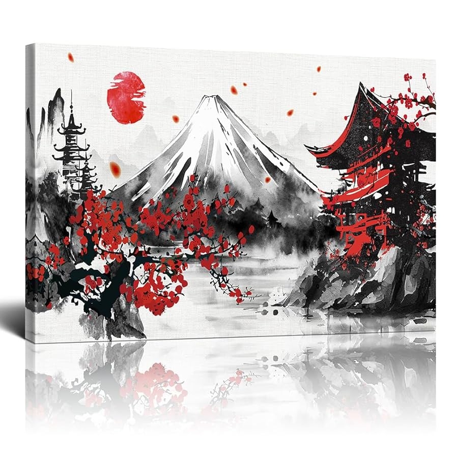 Amazon Japanese Ink Painting Wall Art Ink Churei Pagoda And Mount Fuji Cherry Blossoms Wall Decor Cherry Blossom Canvas Print Japan Traditional Artwork For Living Room Bedroom Decoration Modern Black And Red