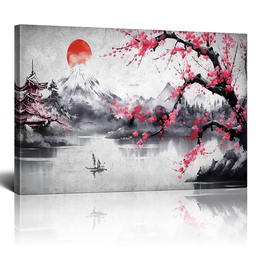 Amazon Japanese Wall Art For Bedroom Cherry Blossom Ink Painting Sakura Mount Fuji Moon Lake Landscape Modern Black And Red Artwork Ready To Hang 12x16 Posters Prints
