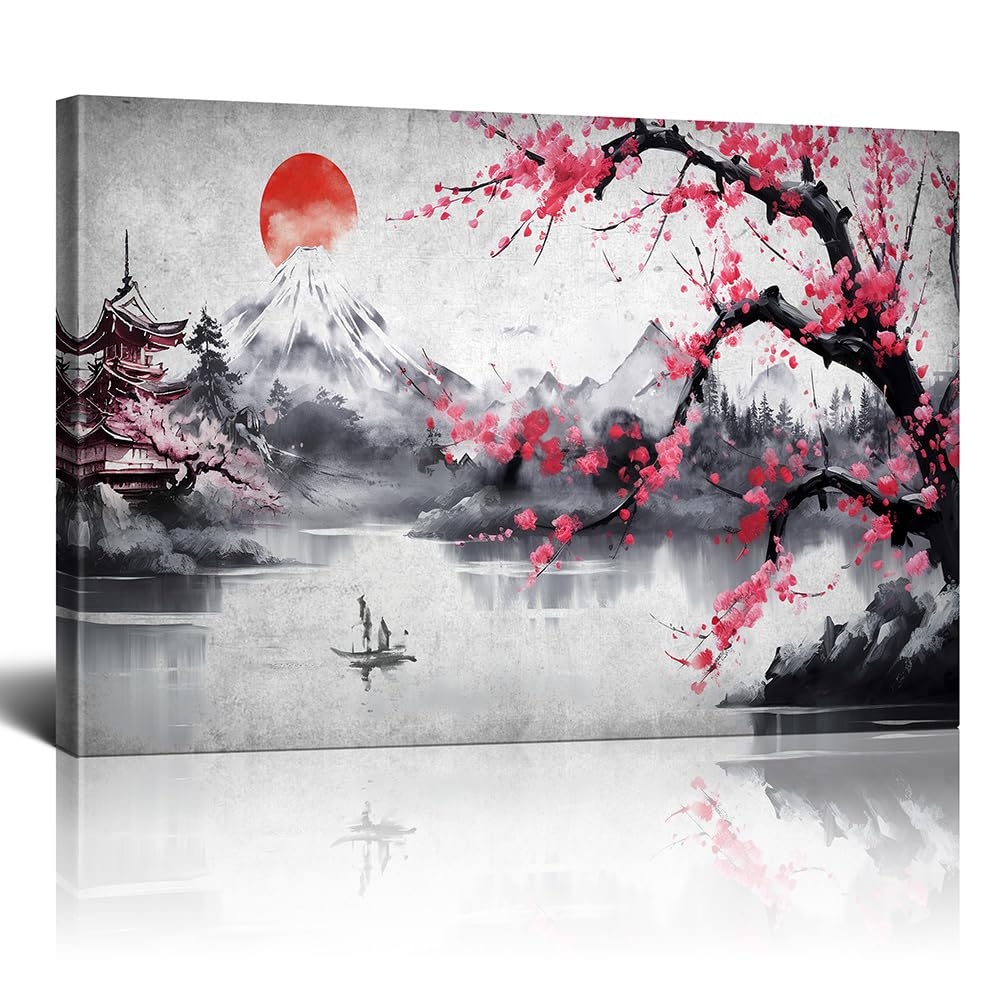 Amazon Japanese Wall Art For Bedroom Cherry Blossom Ink Painting Sakura Mount Fuji Moon Lake Landscape Modern Black And Red Artwork Ready To Hang 12x16 Posters Prints