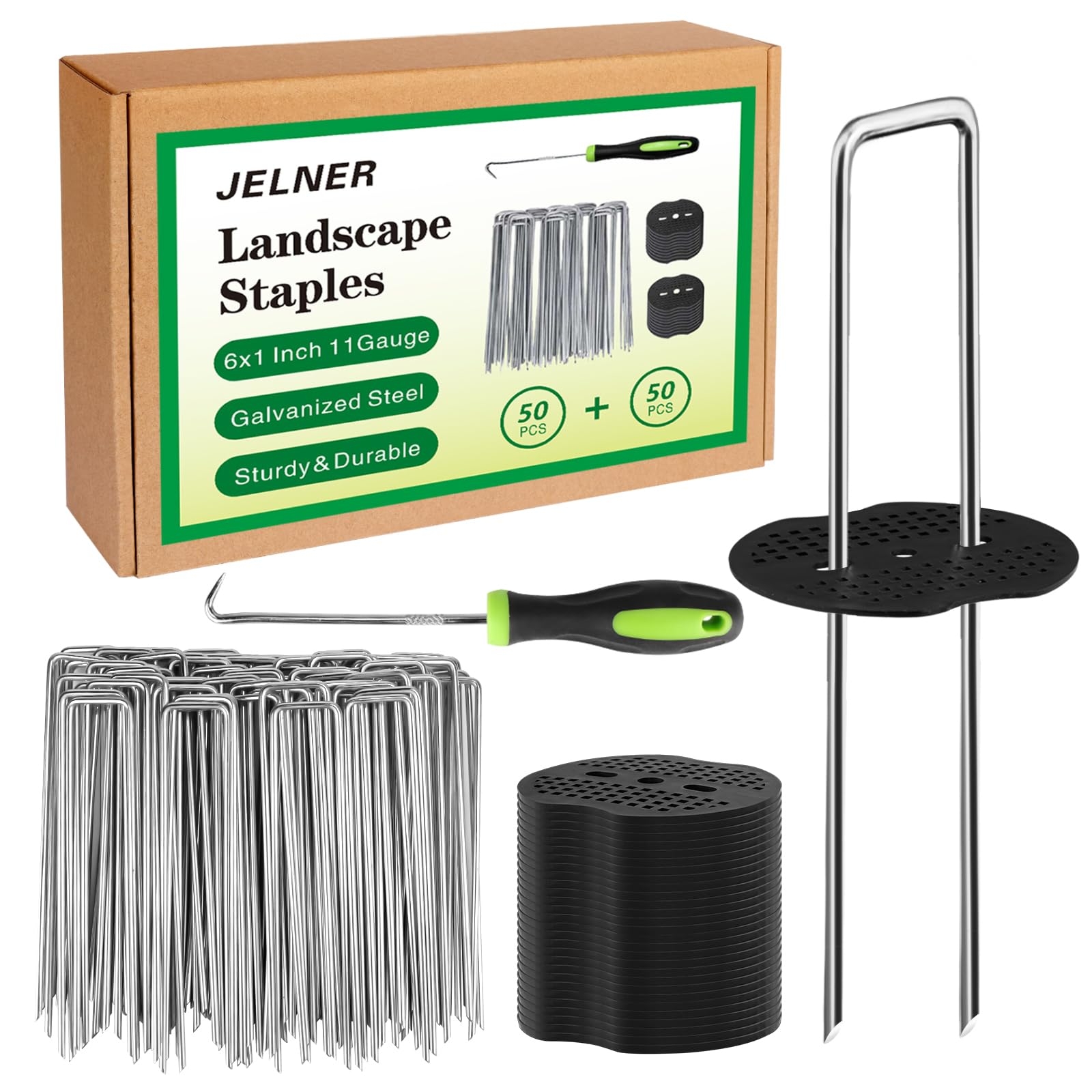 Amazon JELNER Garden Stakes 6 Inch 11 Gauge 50pcs Galvanized Landscape Staples 50pcs Gaskets 1Pick Hook Tent Stakes Landscaping Fabric SOD Pins For Weed Fabric Barrier Groud Cover Fence Patio Lawn 