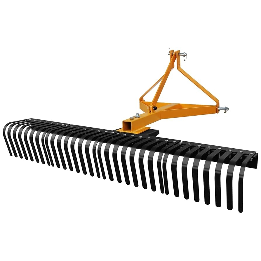 Amazon MERXENG 3 Point Attach 5 FT Landscape Rock Rake Heavy Duty Tow Behind Garden Tractor Rotatable Rake Patio Lawn Garden