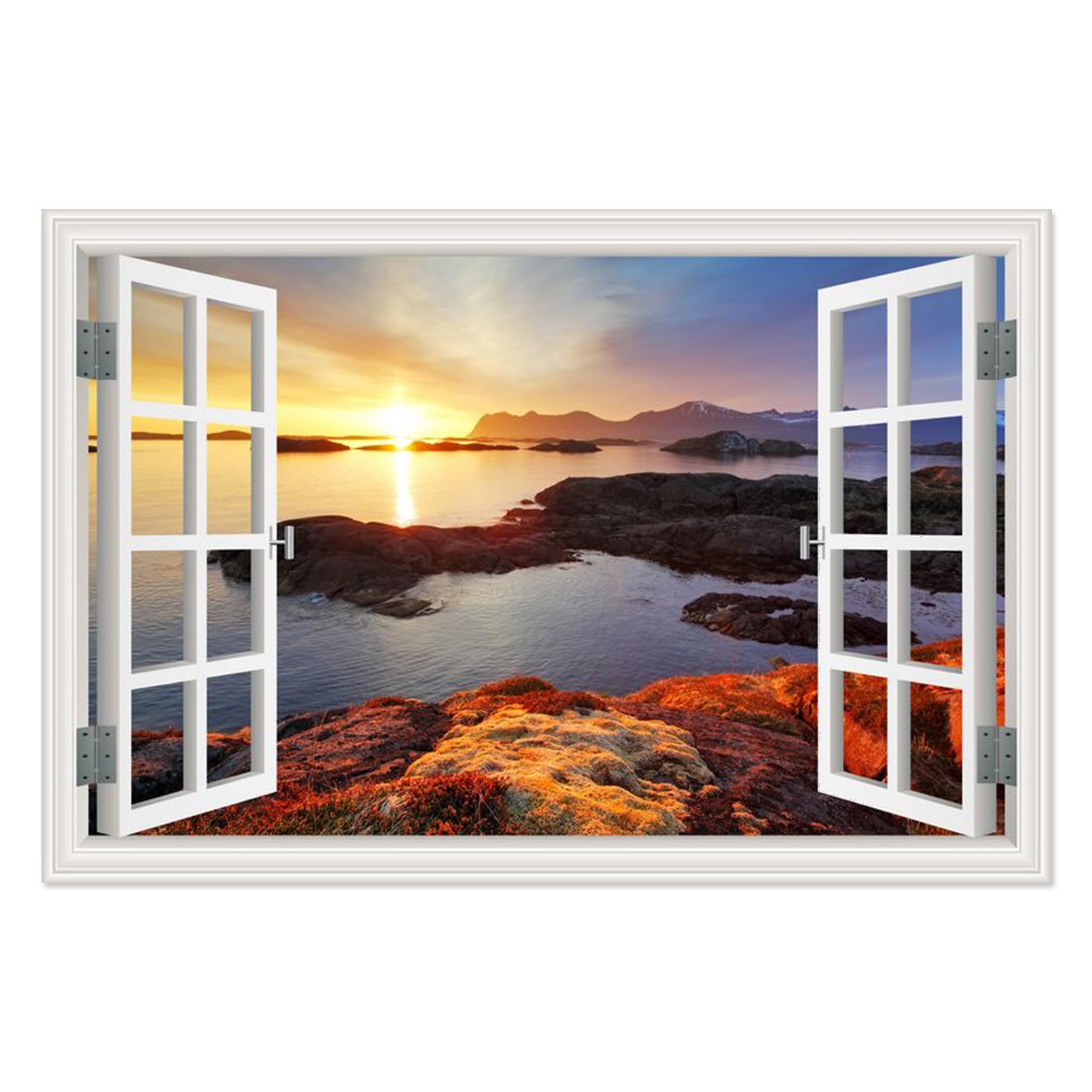 Amazon Open Window Canvas Wall Art Landscape Painting Open Window Canvas Wall Art Blue Ocean Coast Beautiful Sunset Pictures Scenery Artwork For Living Room Decor 50x85cm 19 6x33in Internal Frame Posters Prints