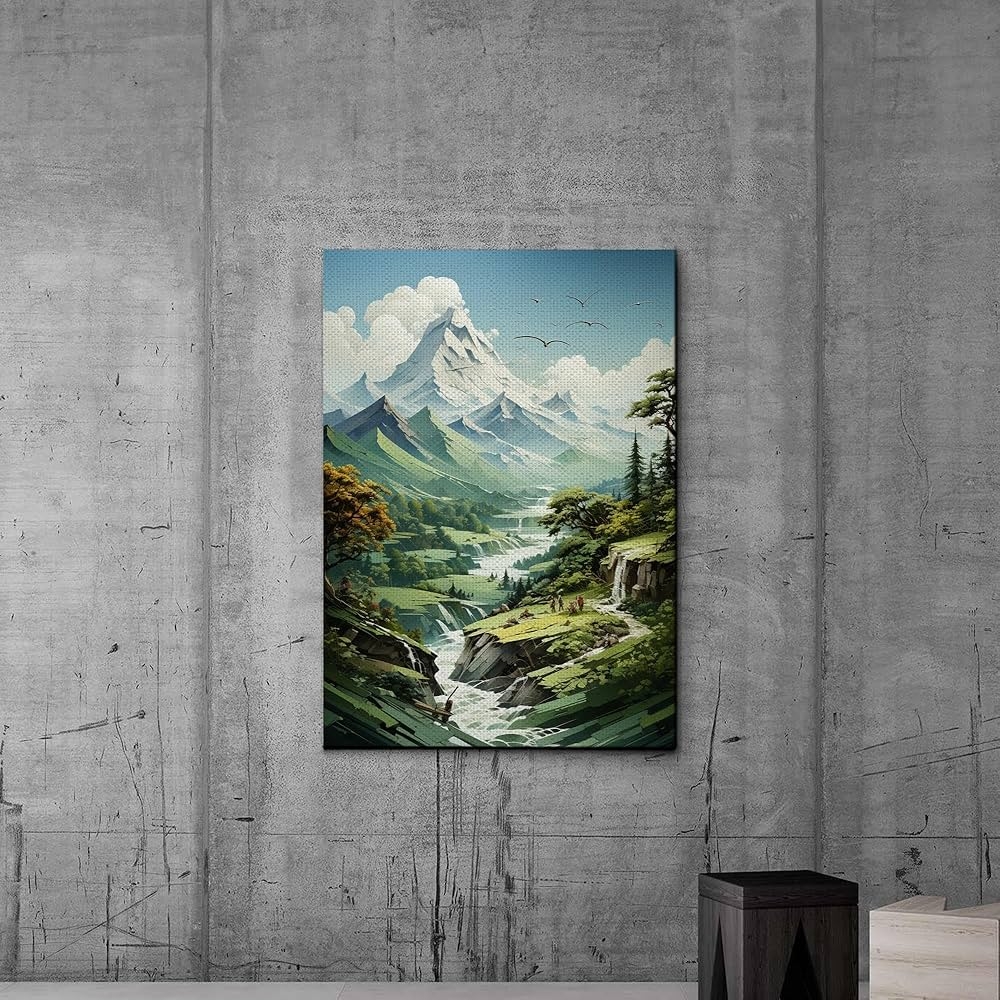 Amazon Piece Canvas Framed Canvas Wall Art Wood Panel Abstract Mountain On Canvas Texture Mountains White And Green Wall Art Landscape Print Canvas Home Decor Home Kitchen