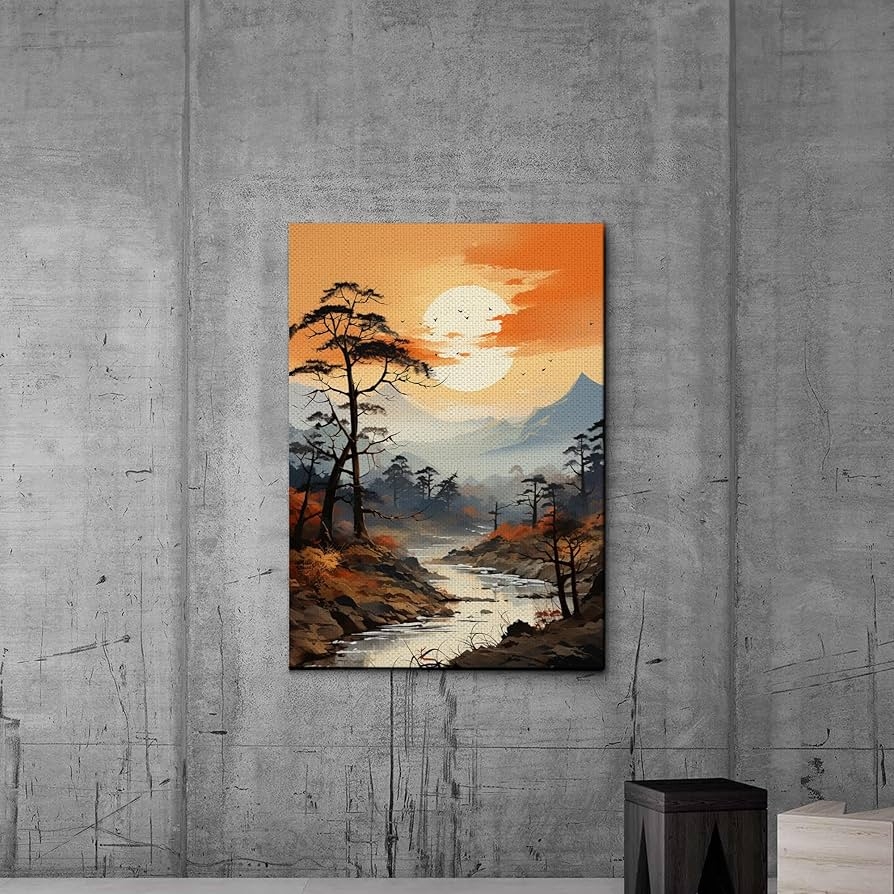 Amazon Piece Canvas Framed Canvas Wall Art Wood Panel Sunset And Mountain Canvas Print Wall Art Nature Art Mountain Landscape Birds In Mist Wall Art Wall Decor Home Kitchen