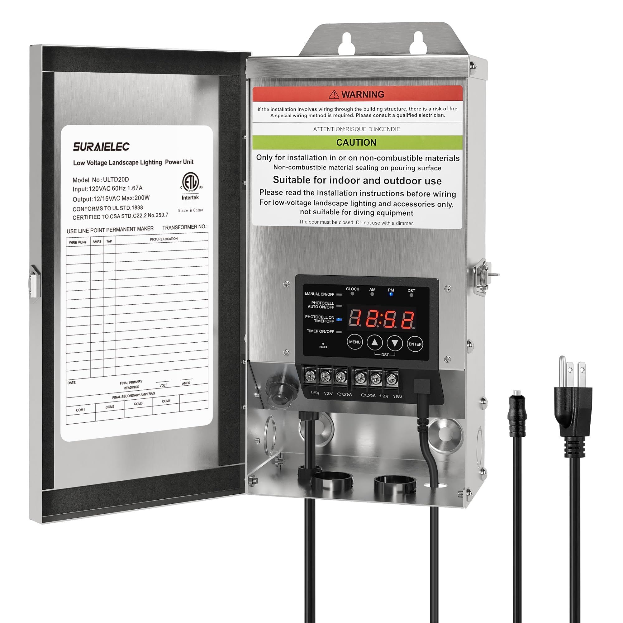 Amazon SURAIELEC 200W Low Voltage Landscape Transformer 12V 15V AC Outdoor Transformers For Landscape Lighting Detachable Photocell Sensor Digital Timer Stainless Steel 5FT Power Cord ETL Listed Electronics
