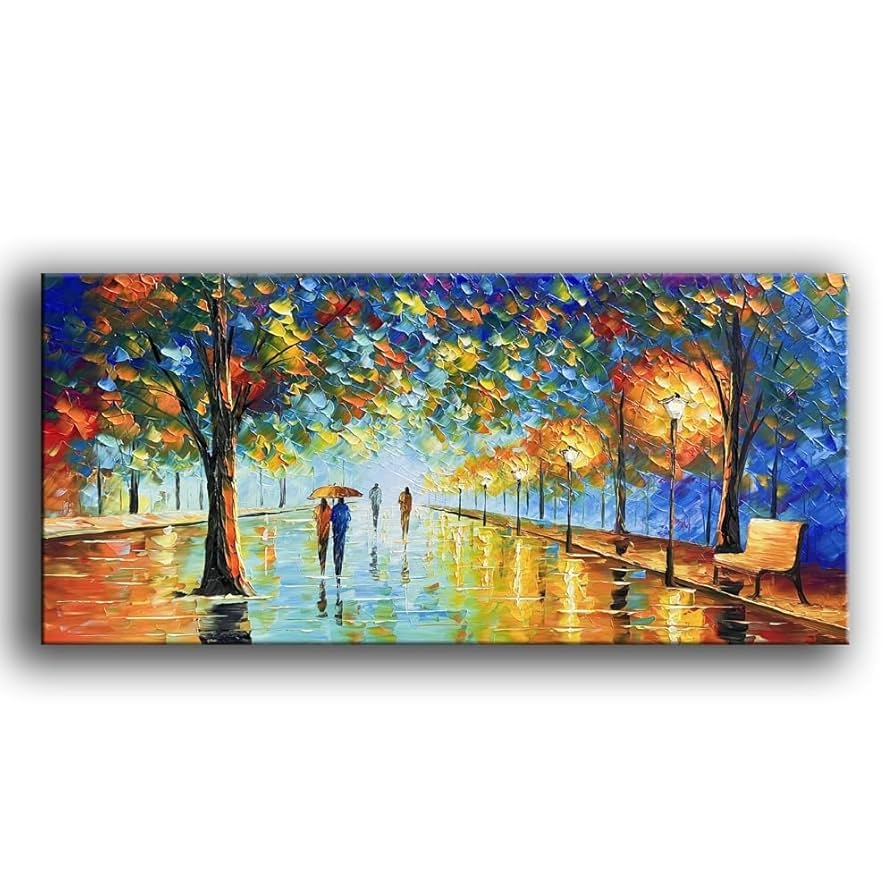 Amazon Tyed Art Contemporary Landscape Art Oil Painting Canvas Rainy Night Street Scene Hand painted Acrylic Frame Wall Art Modern Canvas Painting Living Room Bedroom Office Decoration Painting 24x48inch Paintings