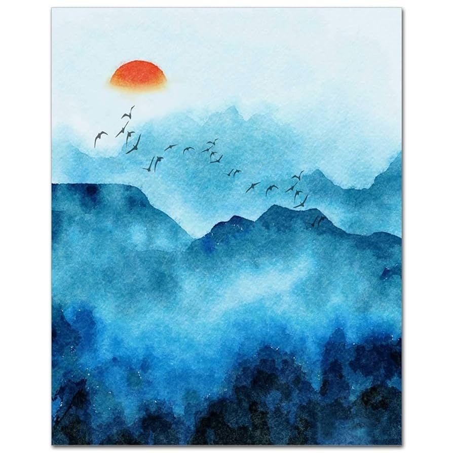 Amazon Watercolor Blue Ridge Mountains Landscape Art Print Sun Rise Mountains Silhouette Wall Decor 8x10 Inch UNFRAMED Home Kitchen