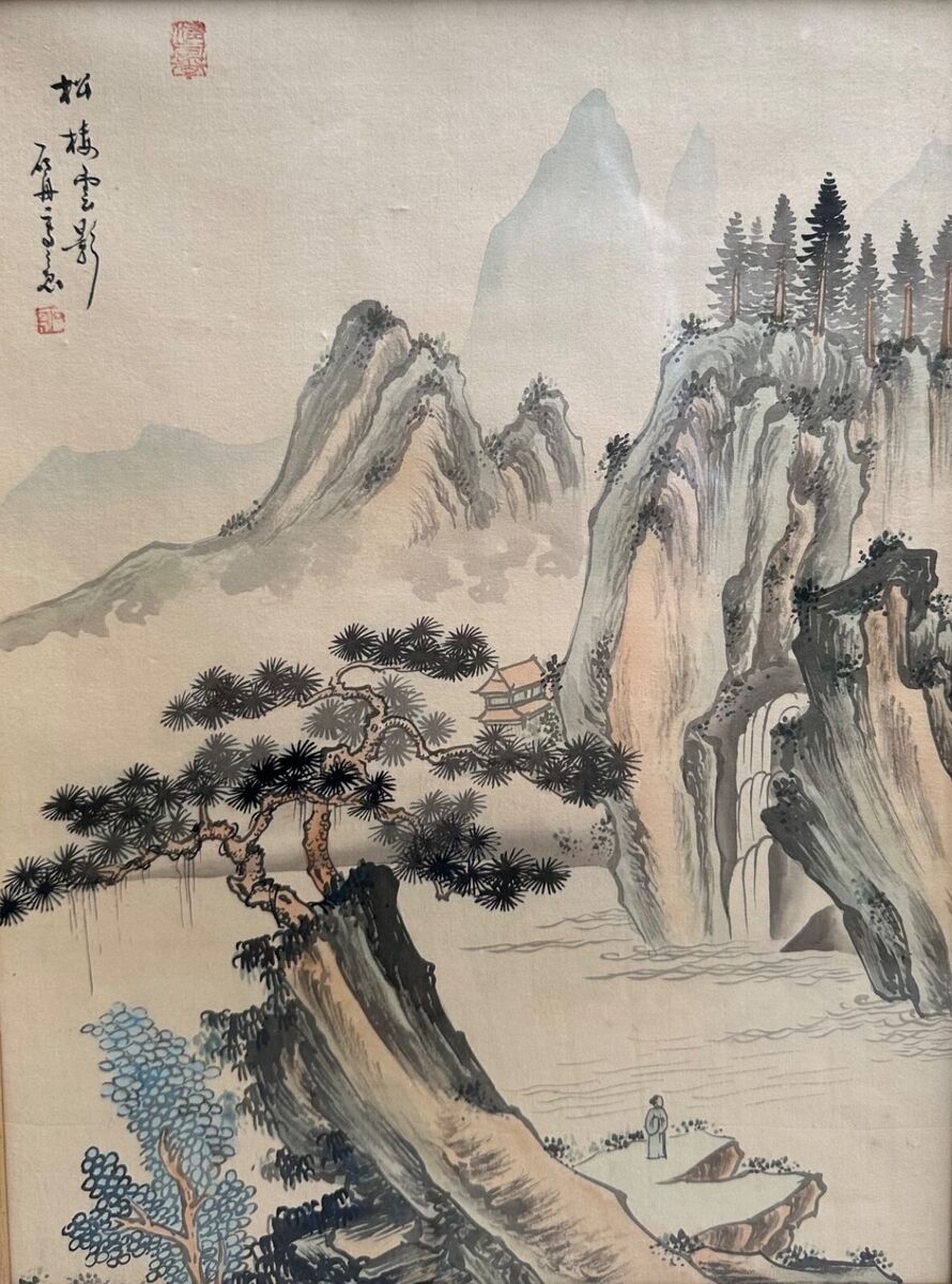 Antique Chinese Landscape Framed Ink Colors On Silk Painting In Style Of Wu Li EBay