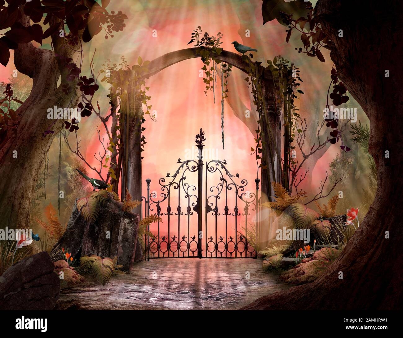 Archway In An Enchanted Garden Landscape With Big Old Trees Stock Photo Alamy