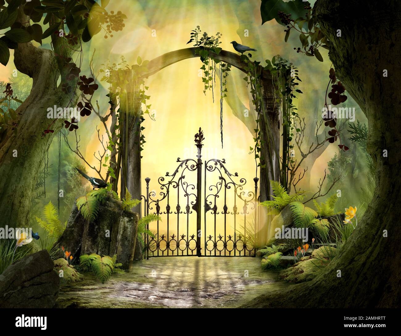 Archway In An Enchanted Garden Landscape With Big Old Trees Stock Photo Alamy