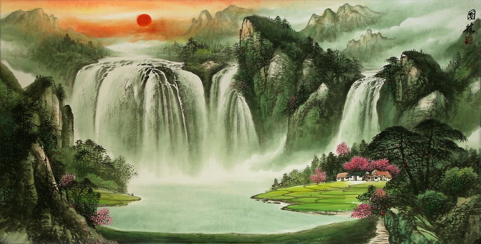Big Chinese Waterfall Landscape Asian Art