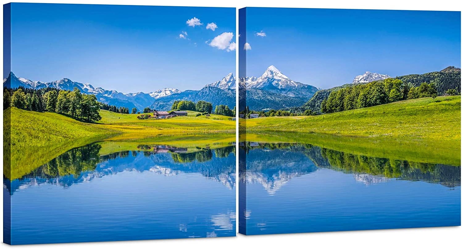 Canvas Wall Art Decor 24x24 2 Piece Set Total 24x48 Inch Mountain Lake Field Landscape Decorative Modern Multi Panel Split Prints For Dining Living Room Kitchen Bedroom Office Walmart