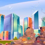 City Dump With Pile Of Garbage And Plastic Trash Junkyard With Town Buildings And Skyscrapers On Background Vector Cartoon Cityscape With Landfill With Dirty Stinky Heaps Of Waste Royalty Free SVG Cliparts 