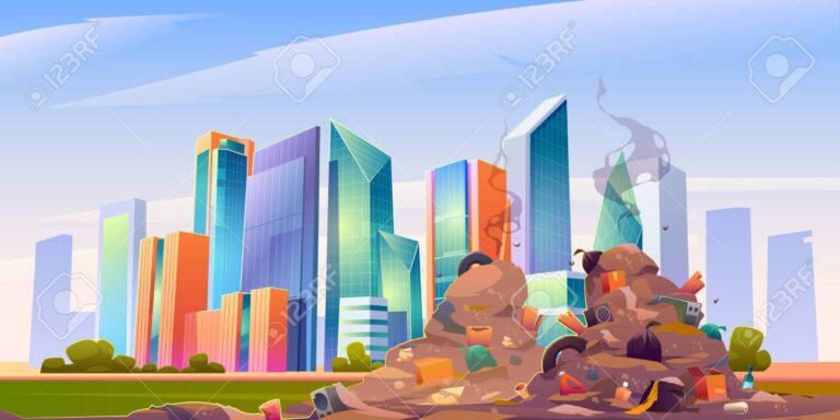 City Dump With Pile Of Garbage And Plastic Trash Junkyard With Town Buildings And Skyscrapers On Background Vector Cartoon Cityscape With Landfill With Dirty Stinky Heaps Of Waste Royalty Free SVG Cliparts