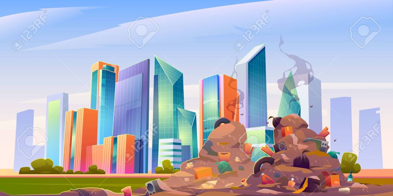 City Dump With Pile Of Garbage And Plastic Trash Junkyard With Town Buildings And Skyscrapers On Background Vector Cartoon Cityscape With Landfill With Dirty Stinky Heaps Of Waste Royalty Free SVG Cliparts 