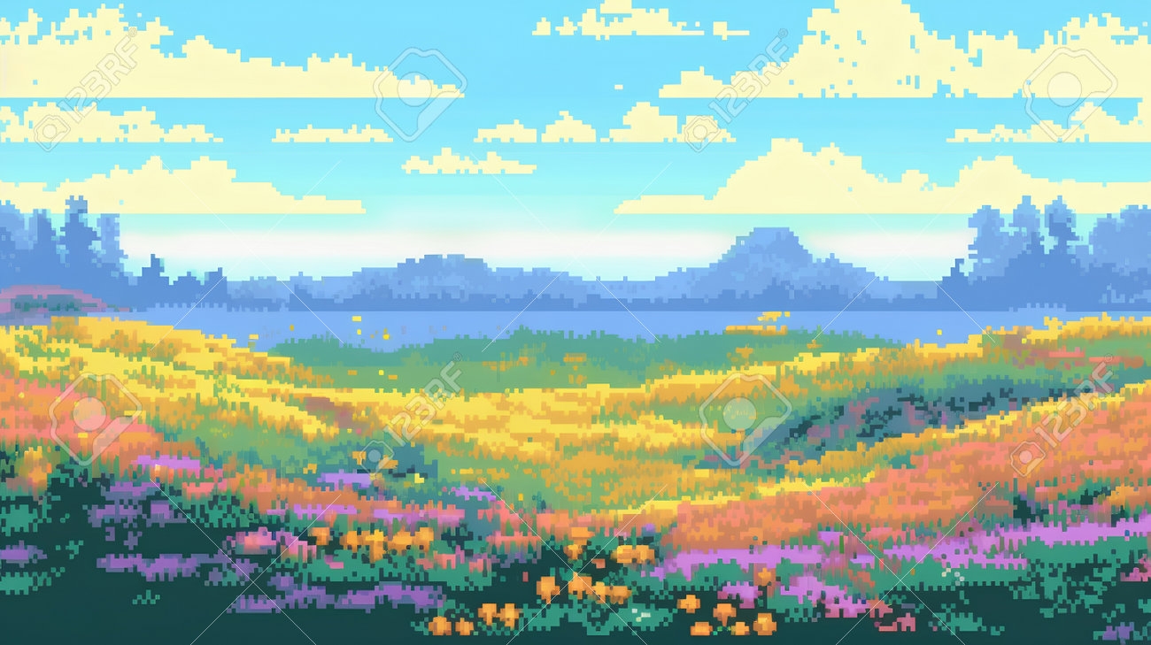 Colorful Pixel Art Landscape With Lake And Mountains Vector Illustration Free Image And Photograph 205231292 