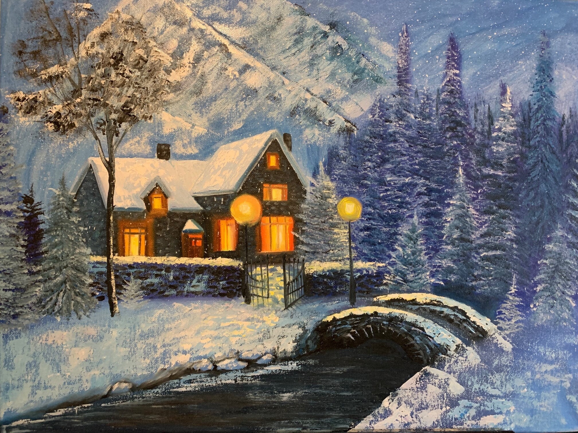Cozy Snowy Cabin Oil Painting 18x24 Winter Landscape Wall Art With Bridge Lamplights Forest Original Artwork Ready To Hang Etsy
