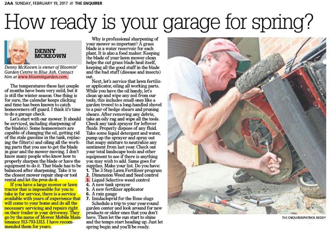 Denny McKeown Recommends MMM In Cincinnati Enquirer Mower Mobile Maintenance