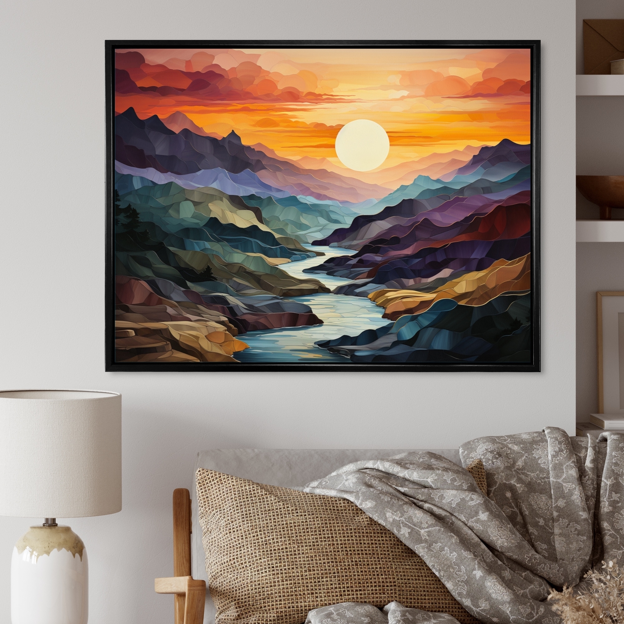 Designart Orange Teal Mountains Bold Landscape Modern Framed Wall Art Living Room On Sale Bed Bath Beyond 39215684