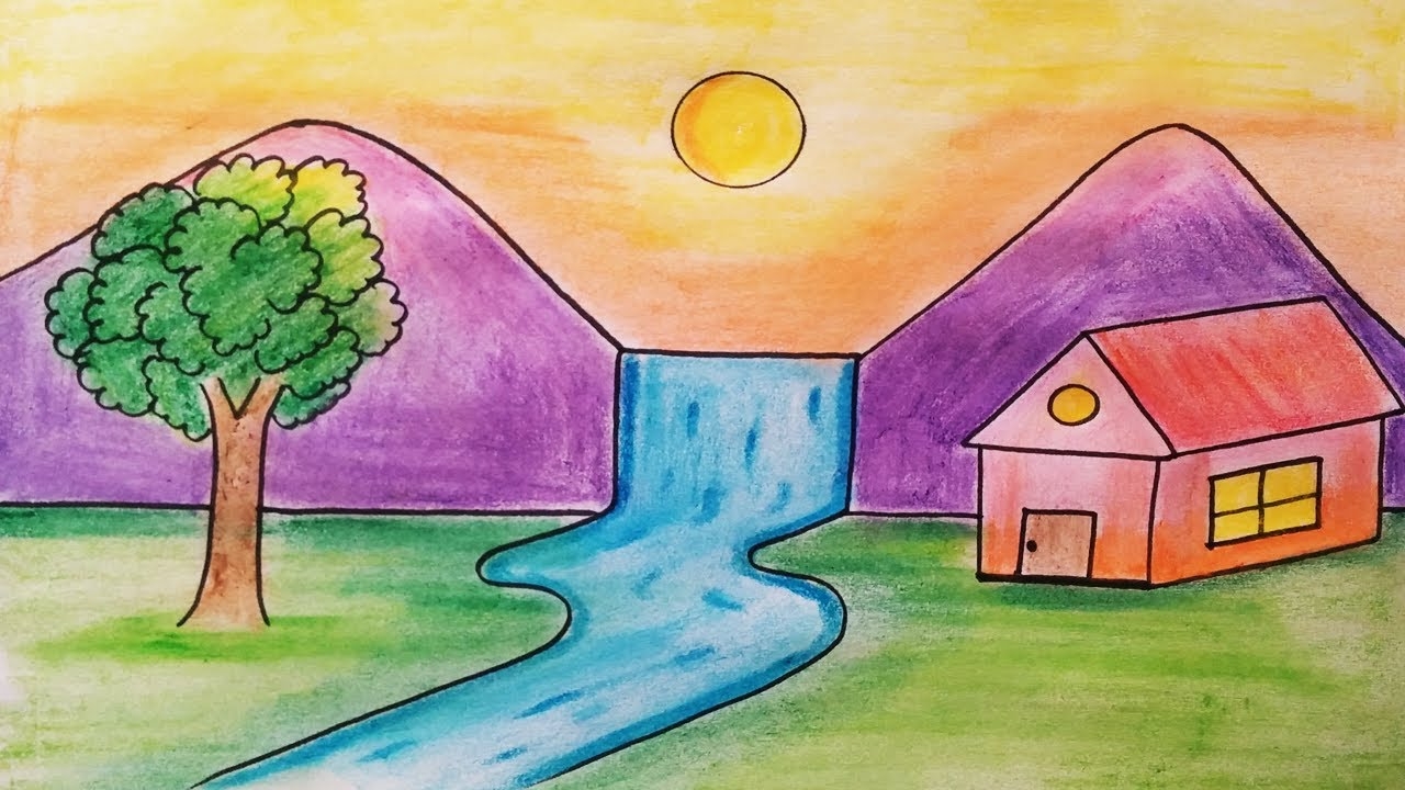 Easy Landscape Drawing For Kids And Beginners Learn House And Nature Simple Painting YouTube