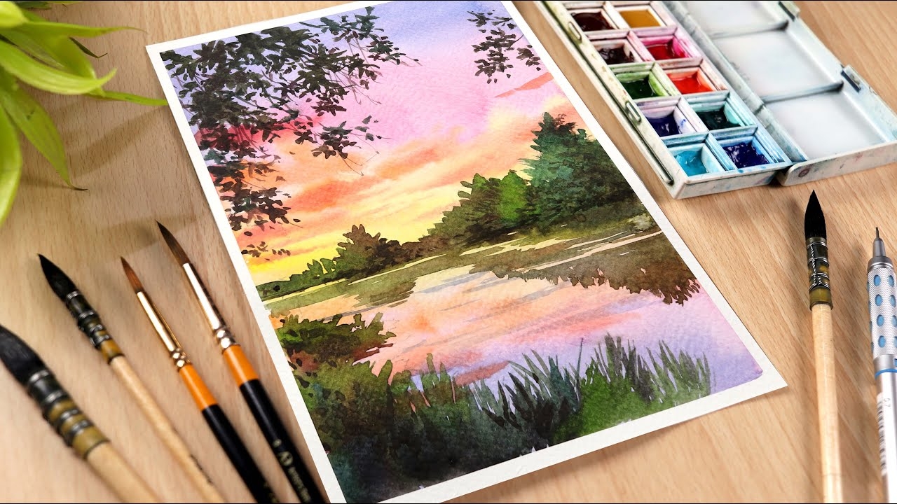 Easy Watercolor Painting For Beginners Sunset And Evening Lake Landscape YouTube