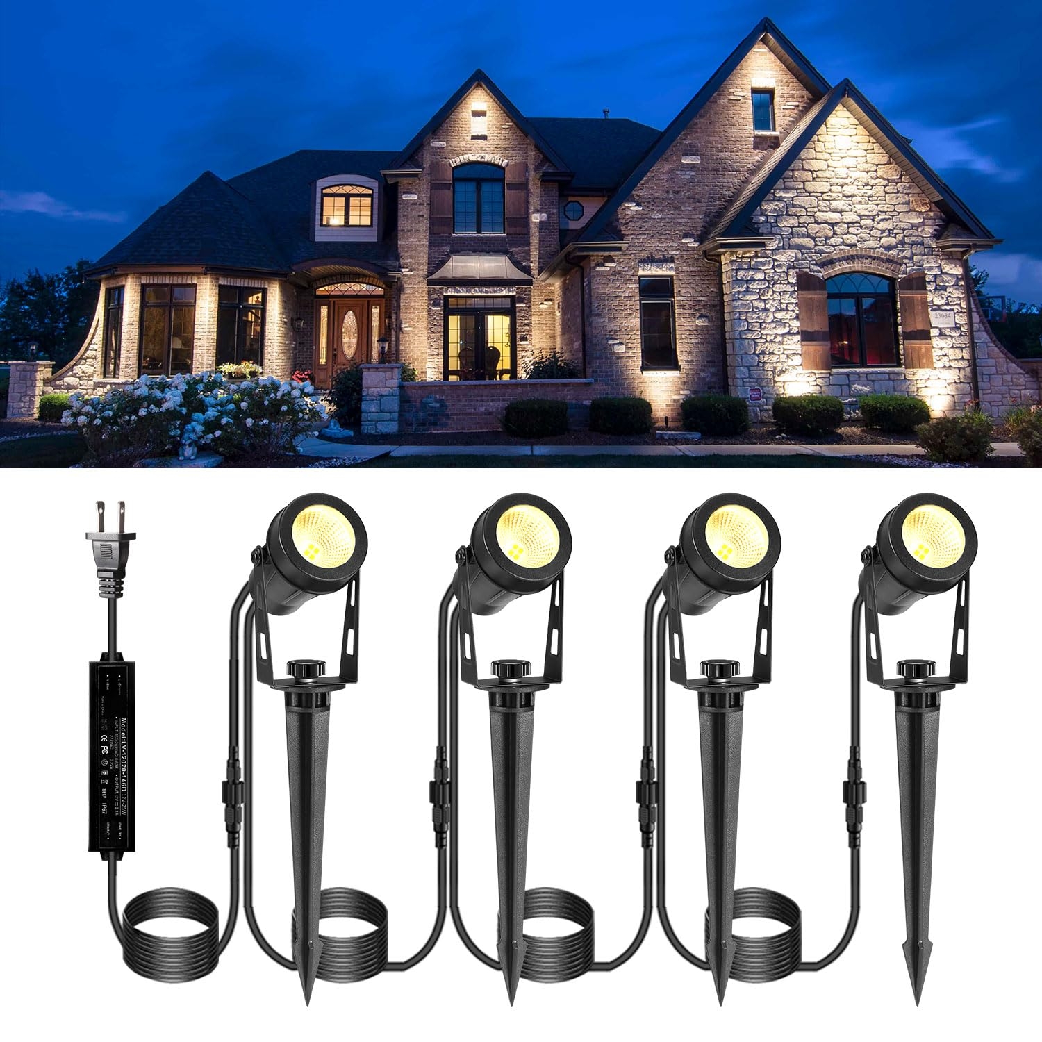 ECOWHO Outdoor Landscape Lighting 12V LED Low Voltage Landscape Lights Waterproof Outdoor Spotlights Plug In Graden Lights With Connector For Yard Flag Tree Pathway Lawn Decor 4 Pack Warm White Amazon