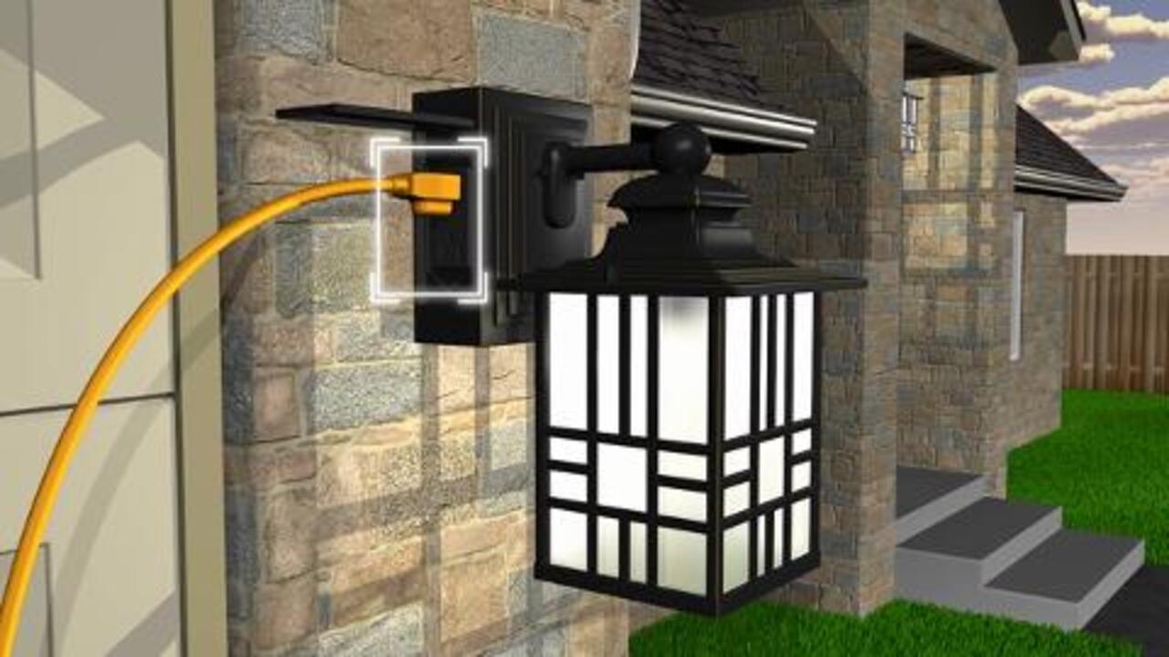 Hampton Bay Mission Style Black With Bronze Highlight Outdoor Wall Lantern With Built In Electrical Outlet GFCI 30264 The Home Depot
