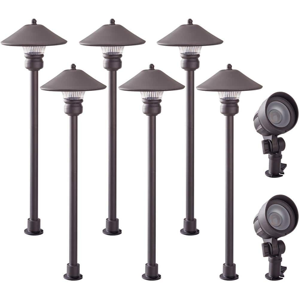 Hampton Bay Pearson 205 Lumen Bronze Integrated LED Low Voltage Outdoor Landscape Path Light And Flood Light Kit 8 Pack IWV6628L The Home Depot