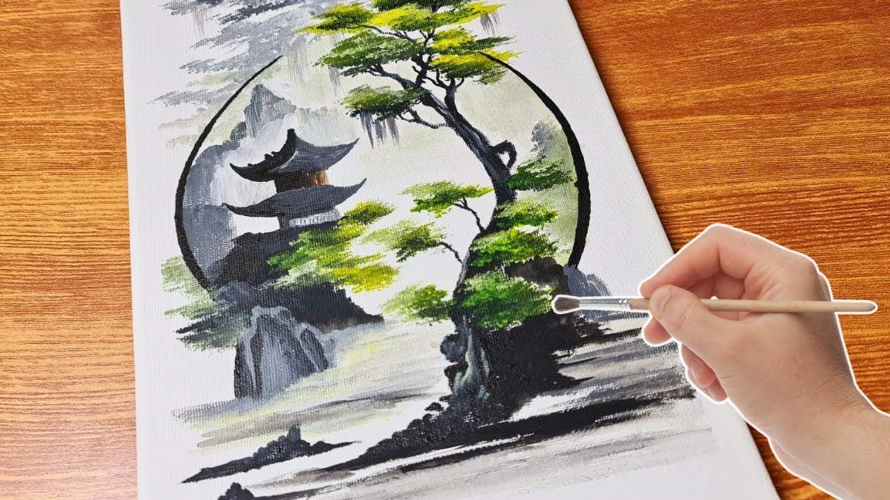 How To Draw A Beautiful Japanese Landscape Painting I Acrylic Painting For Beginners YouTube