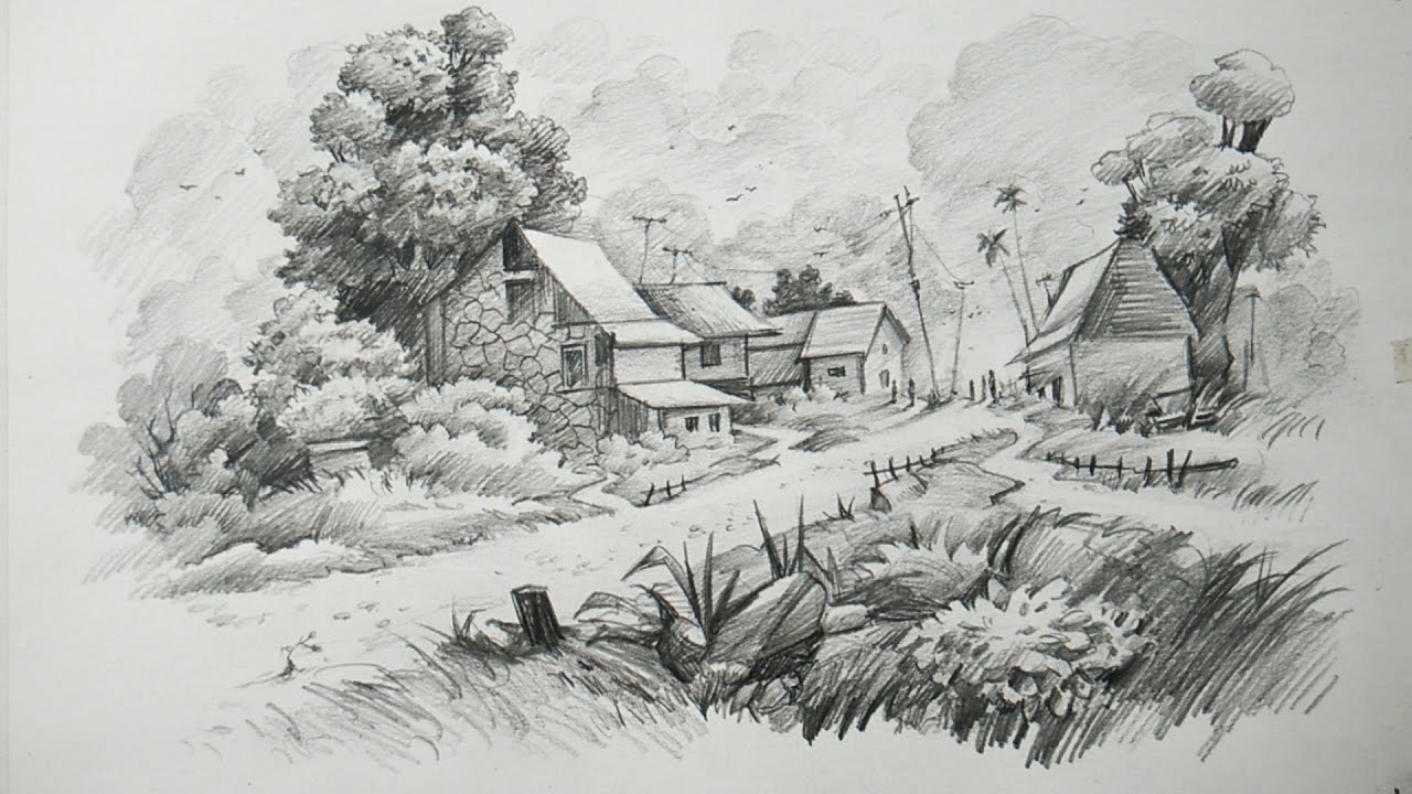 How To Draw A Landscape With Pencil Art YouTube