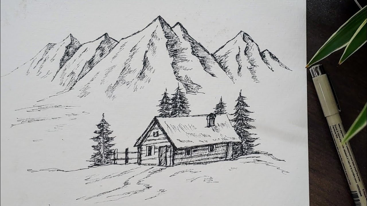 How To Draw A Mountain Landscape With Pen And Ink Easy Tutorial Video For Beginners Step By Step YouTube