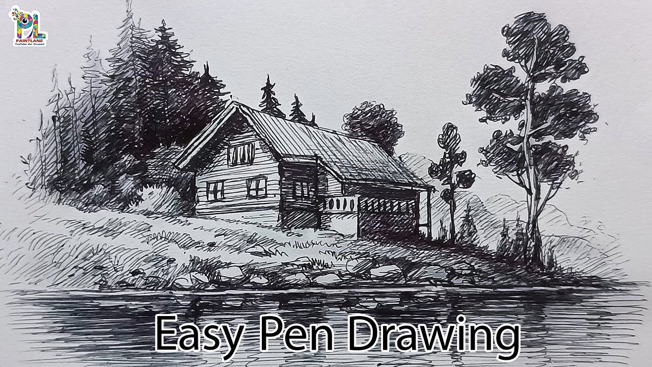 How To Draw A River Side House With Easy Pen Drawing Art With Pen YouTube
