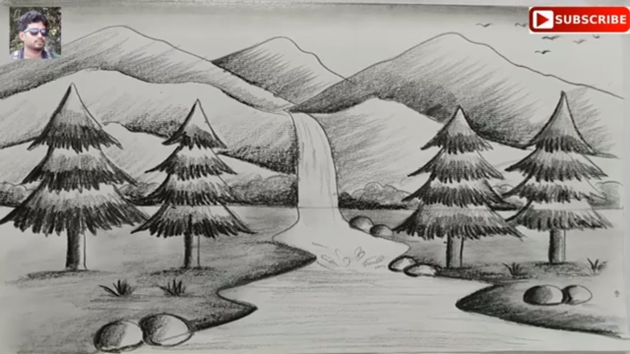 How To Draw Easy Pencil Sketch Scenery For Kids landscape Pahar And River Side Scenery Drawing YouTube