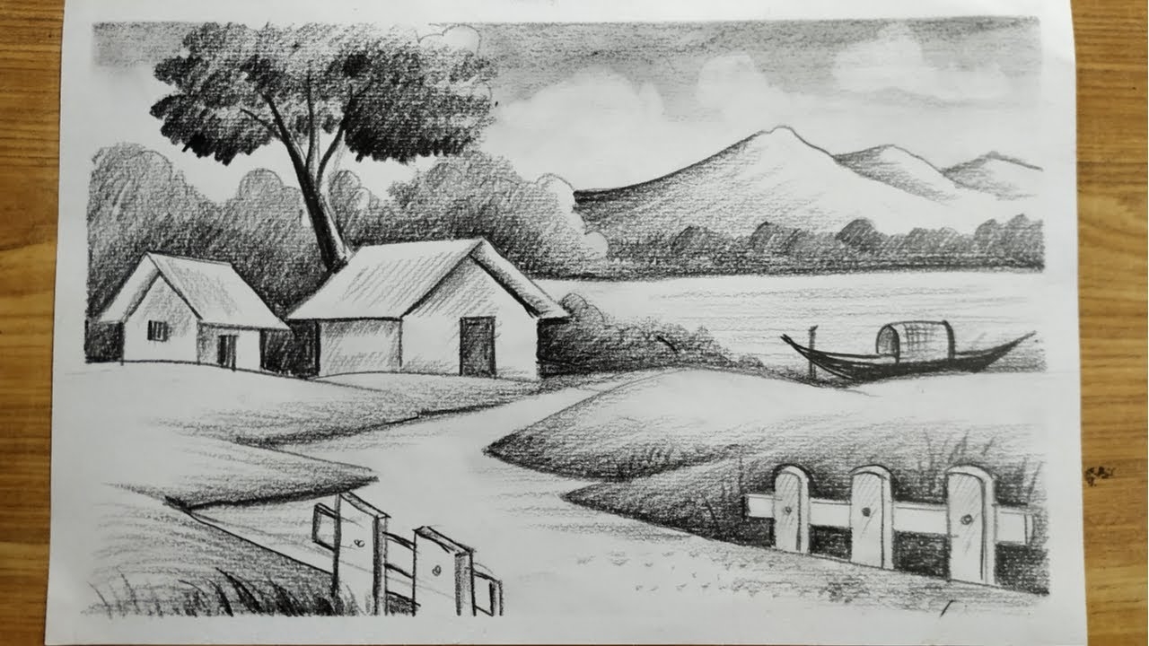 How To Draw Easy Pencil Sketch Scenery landscape Pahar And River Side Scenery Drawing For Beginners YouTube