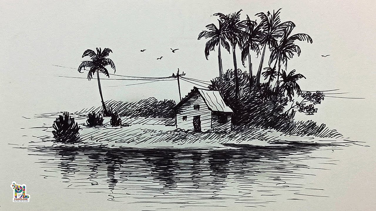 landscape drawing in pen