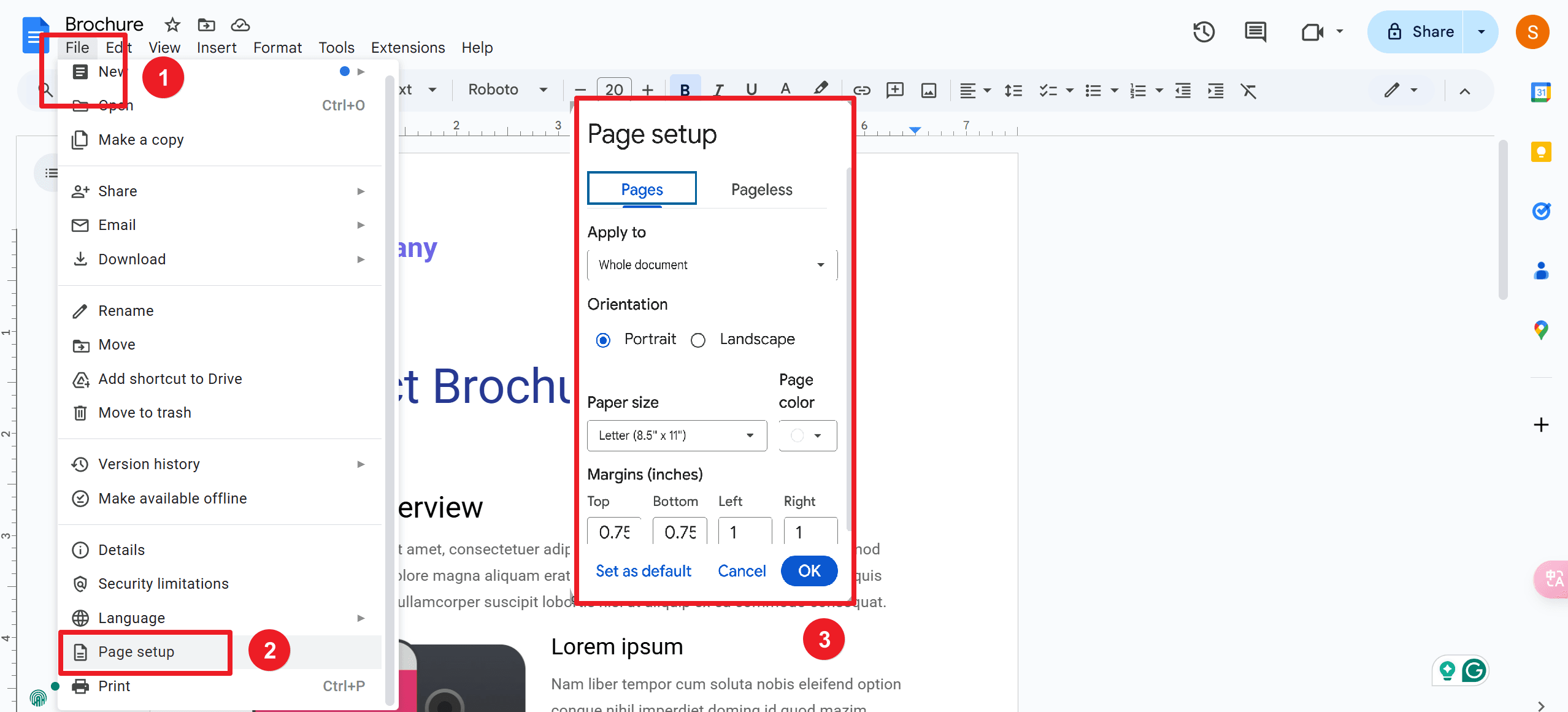 how to make landscape google docs