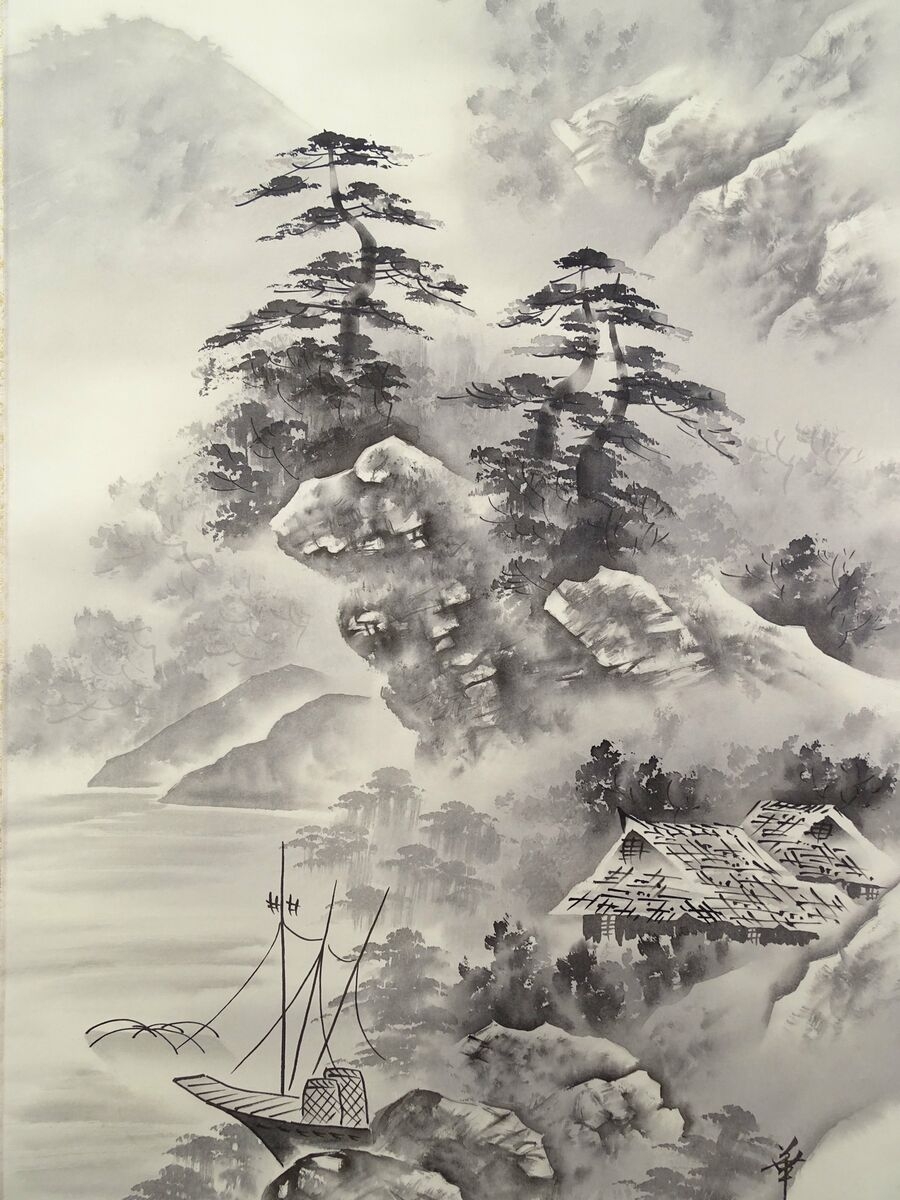 IK341 Fisherman House Landscape Scroll Japanese Art Asian Painting Antique EBay