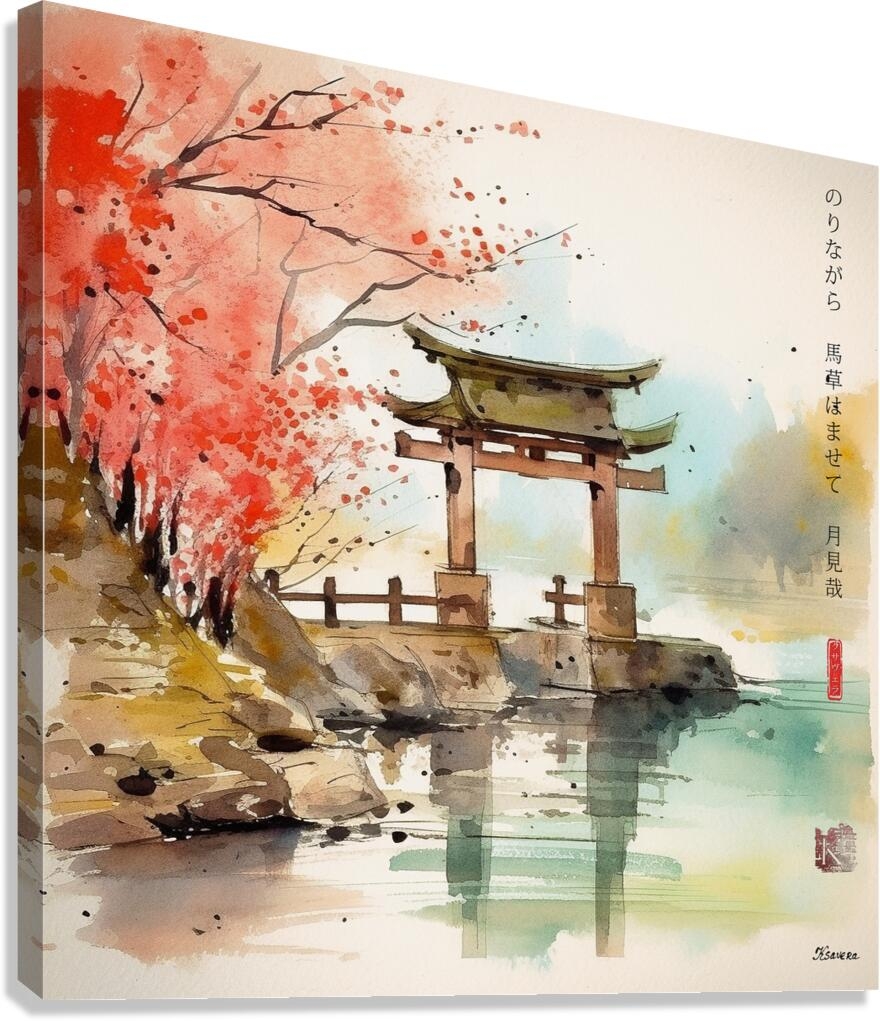 Japanese Shinto Shrine Gate Torii River Landscape Rain Watercolor Rj 0076 5670 300 Ostanovil Konia By Ksavera ART Wall Art