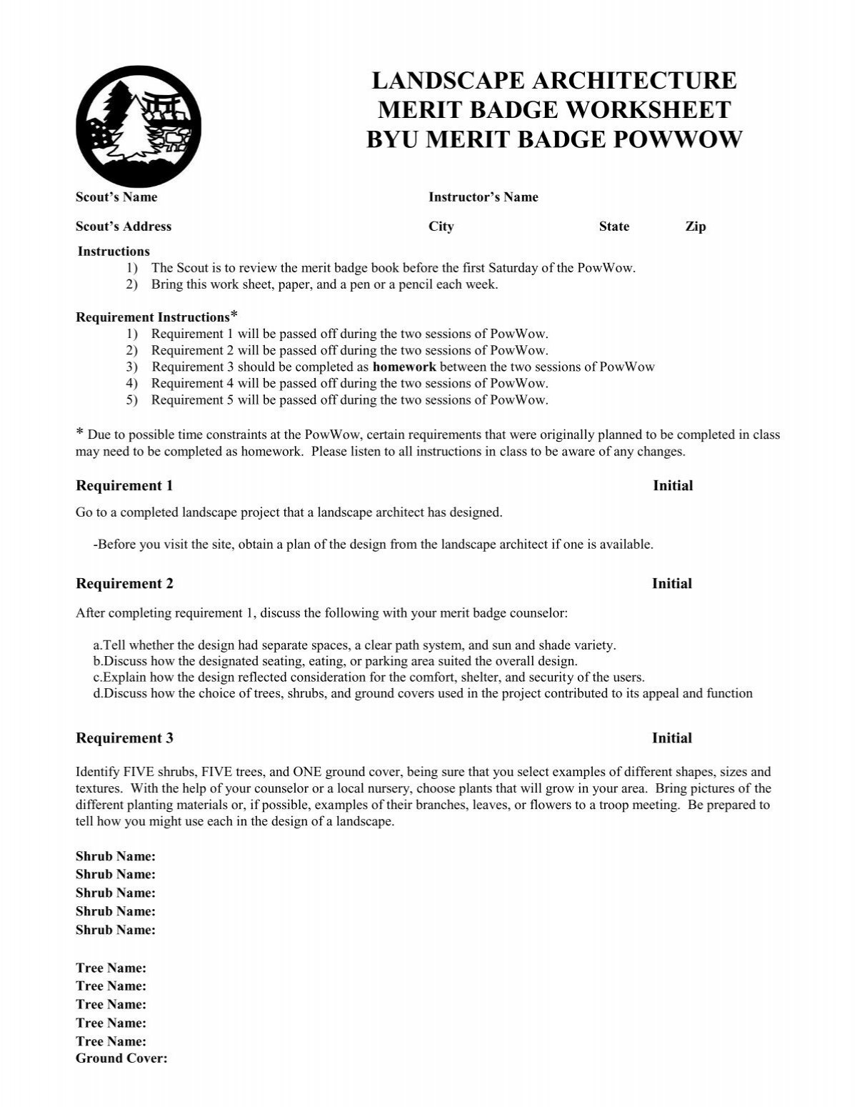 LANDSCAPE ARCHITECTURE MERIT BADGE WORKSHEET BYU 