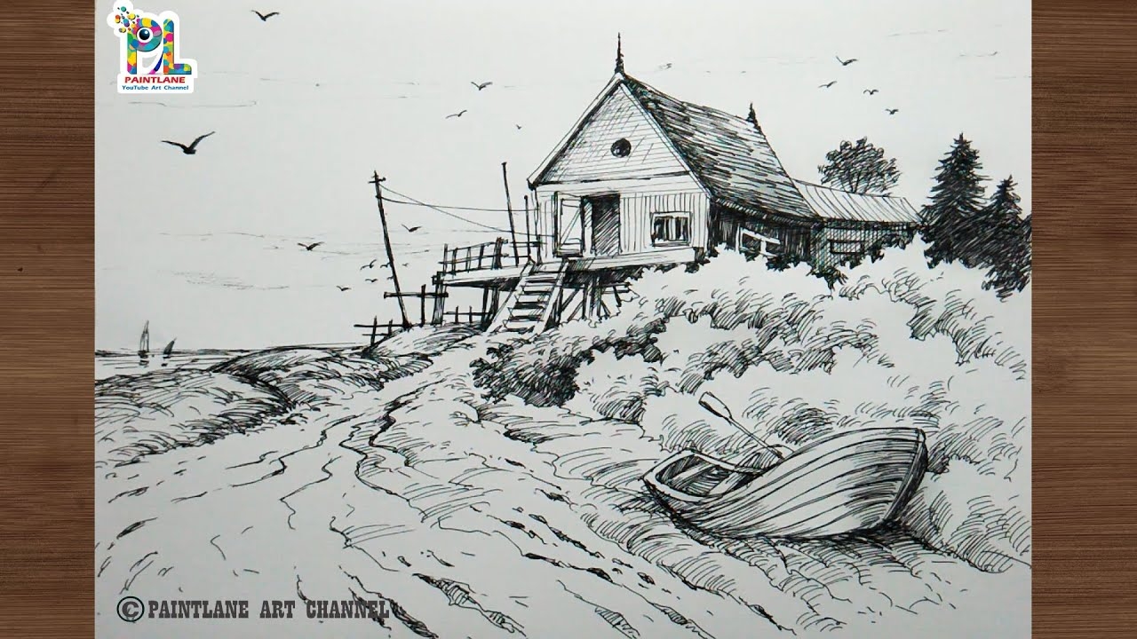 Landscape Drawing With Normal Black Pen PAINTLANE Pen Drawing Video YouTube